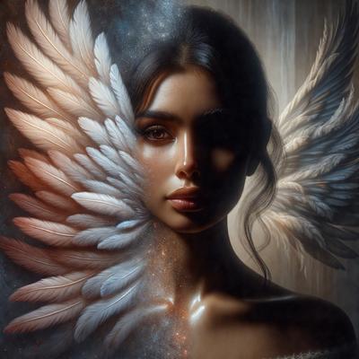 The primary subject of the image is a woman with long hair and a beautiful face. She is wearing a dress and has a serene expression. The setting is a space with a backdrop of a starry sky. The visual style is a digital art or illustration, creating a surreal and dreamy atmosphere. The colors are predominantly dark, with the woman's hair and dress being the main focus, while the starry sky adds a sense of depth and wonder to the scene.